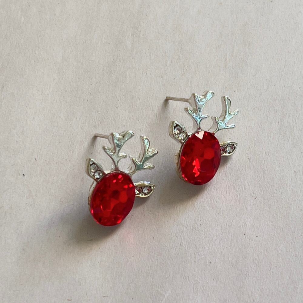 Red Reindeer Stud Earrings Rudolph Christmas CZ Earring Set